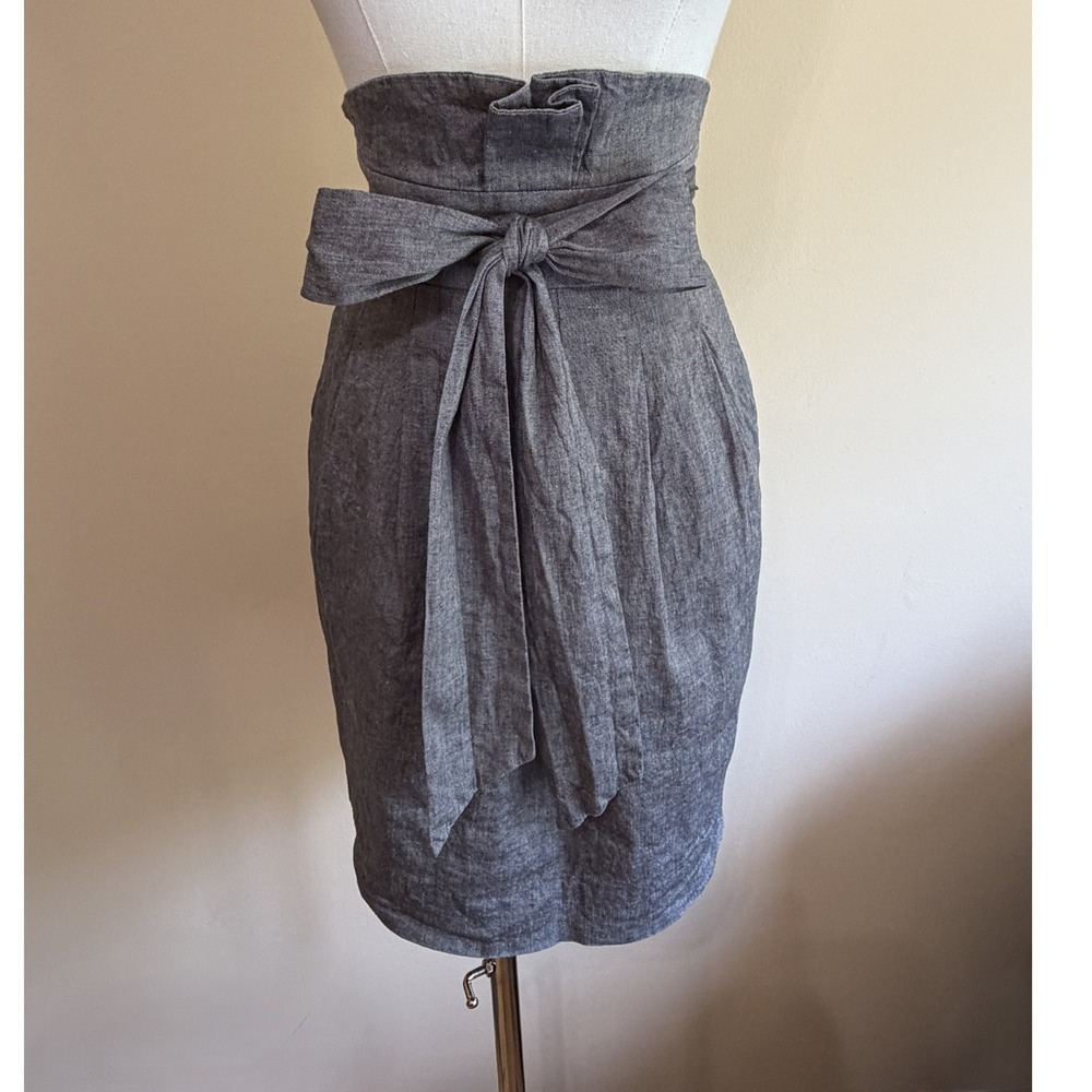 BCBGMAXAZRIA Gray Linen Blend High Waist Bow Pencil Skirt Womens 4 Excellent